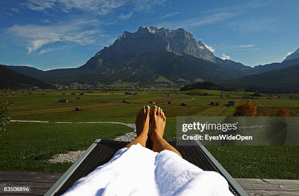 Women enjoying Wellness in hotel Mohr Life Resort in Lermoos with a view on german highest Mountain Zugspitze on October 25, 2008 in Lermoos, Austria,