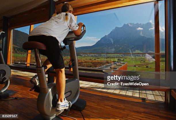 Women enjoying Fitnesstraining and Wellness in hotel Mohr Life Resort in Lermoos with a view on german highest Mountain Zugspitze on October 25, 2008...