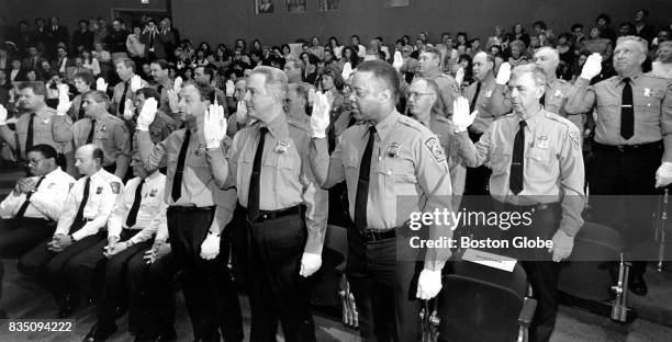 Group of Boston Police officers are promoted to the rank of Captain during a ceremony at the John F. Kennedy Presidential Library in the Dorchester...