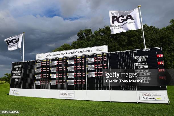The scoreboard at the end of the third day during the Golfbreaks.com PGA Fourball Championship - Day 3 at Whittlebury Park Golf & Country Club on...