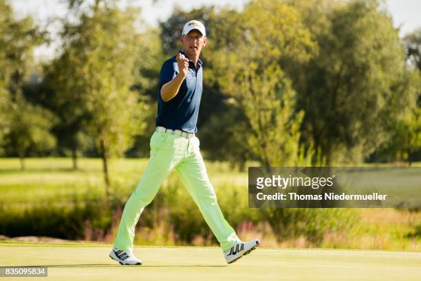 Marcel Siem of Germany celebrates during day two of the Saltire Energy Paul Lawrie Matchplay at Golf Resort Bad Griesbach on August 18, 2017 in...