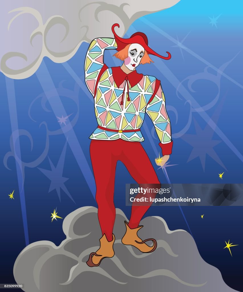 Vector illustration of a harlequin against the sky