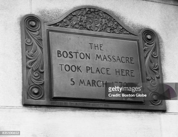 Plaque on the site of the Boston Massacre in Boston, March 4, 1965.
