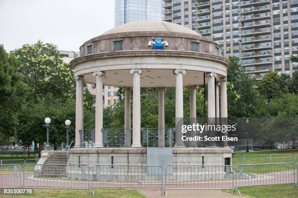 Temporarily installed surveillance cameras atop of the Boston Common Bandstand where a "Free Speech" rally is scheduled and a large rally against...