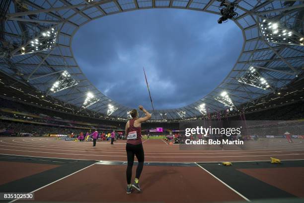 16th IAAF World Championships: Rear view of Croatia Sara Kolak during Women's Javelin Throw at Olympic Stadium. London, England 8/8/2017 CREDIT: Bob...
