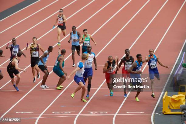 16th IAAF World Championships: USA Gil Roberts in action handing off to Michael Cherry during Men's 4X400 M Finals race at Olympic Stadium. London,...