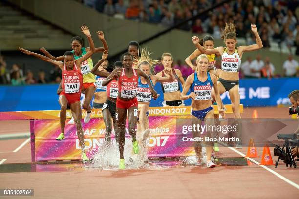 16th IAAF World Championships: Bahrain Winfred Mutile Yavi, Bahrain Ruth Jebet, USA Emma Coburn and Germany Gesa Felicitas Krause in action during...