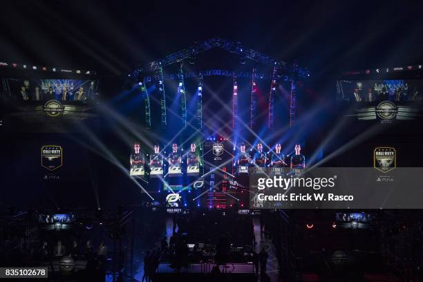 Call of Duty World League Championship: Overall view of stage and player profiles on screen during Optic Gaming team vs Team Envyus Grand Final round...