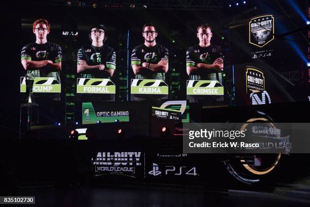 Call of Duty World League Championship: Overall view of Optic Gaming player profiles on screen during Grand Final round vs Team Envyus at Amway...