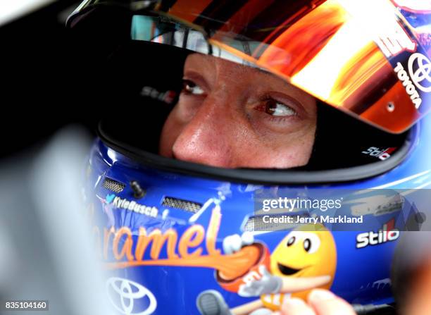 Kyle Busch, driver of the M&M's Caramel Toyota, sits in his car during practice for the Monster Energy NASCAR Cup Series Bass Pro Shops NRA Night...