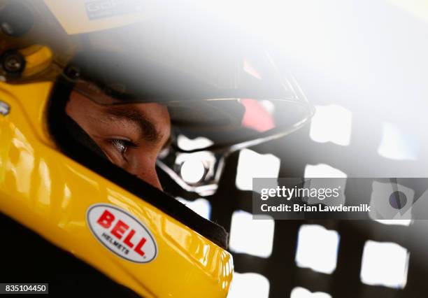 Joey Logano, driver of the Shell Pennzoil Ford, sits in his car during practice for the Monster Energy NASCAR Cup Series Bass Pro Shops NRA Night...