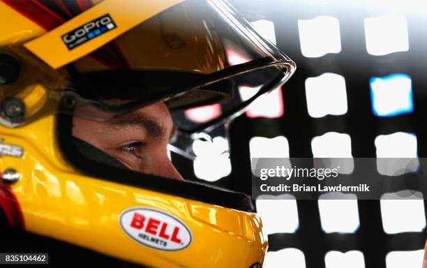 Joey Logano, driver of the Shell Pennzoil Ford, sits in his car during practice for the Monster Energy NASCAR Cup Series Bass Pro Shops NRA Night...