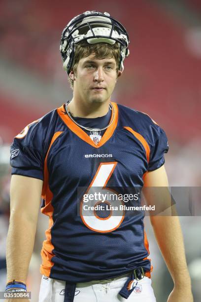 Quarterback Jay Cutler of the Denver Broncos looks on during the game against the Arizona Cardinals at University of Phoenix Stadium on August 29,...