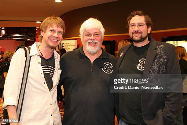 Field producer Tim Gorskie, founder/president SEA Sheppard Paul Watson and international director SEA Sheppard Jonny Vasic during the "At The Edge Of...