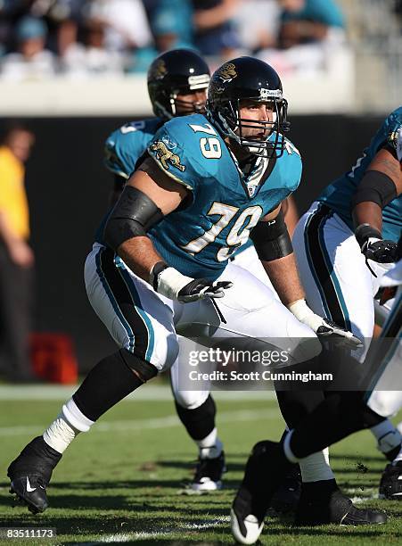 Tony Pashos of the Jacksonville Jaguars blocks against the Cleveland Browns at Memorial Stadium on October 26, 2008 in Jacksonville, Florida.