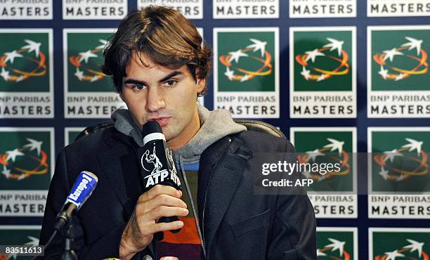 Swiss Roger Federer gives a press conference on October 31, 2008 at the Palais Omnisport de Paris-Bercy in Paris, to annouce he pulled out of the...