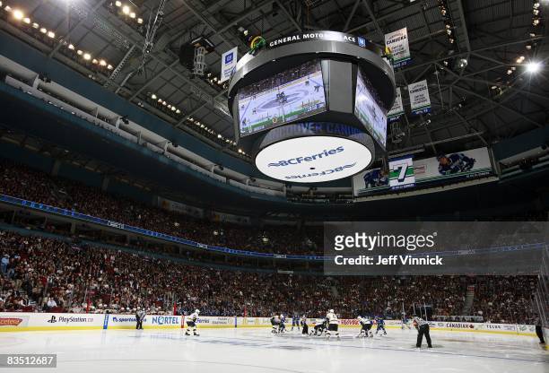 General view of the interior of General Motors Place and scoreboard during the game between the Boston Bruins and the Vancouver Canucks on October...