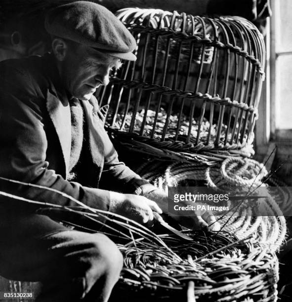 Lobster fisherman Glen Pascoe weaving a new wicker bottom for one of his lobster pots.