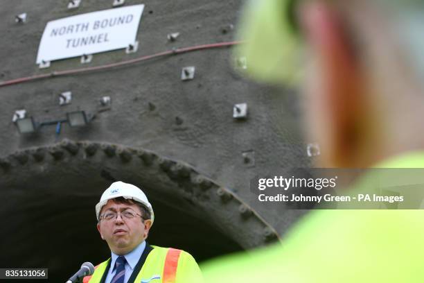 Transport Minister Paul Clark addresses invited guests due to witness the breakthrough to link the north and south tunnels and which will mark a...