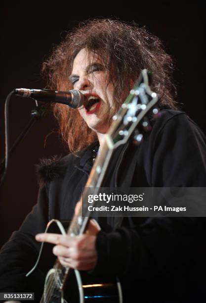 Robert Smith of the Cure performs during the NME Big Gig 2009 at the O2 Arena in south east London.