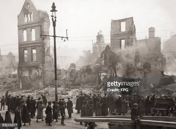 The ruins of Cork city centre after the Royal Irish Constabulary Reserve Force, better known as the Black and Tans, started fires in retaliation for...