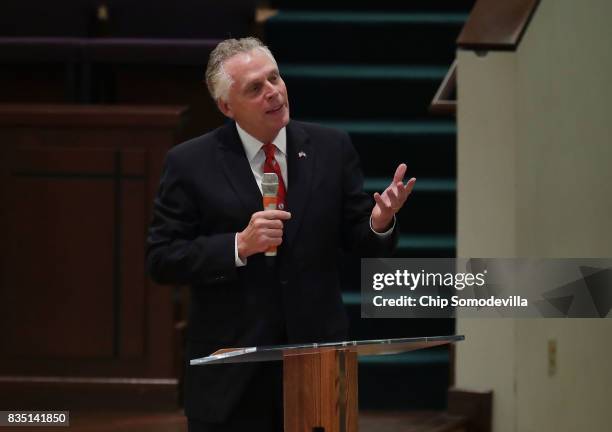 Virginia Governor Terry McAuliffe delivers remarks during the funeral for Trooper-Pilot Berke M.M. Bates at Saint Paul's Baptist Church August 18,...