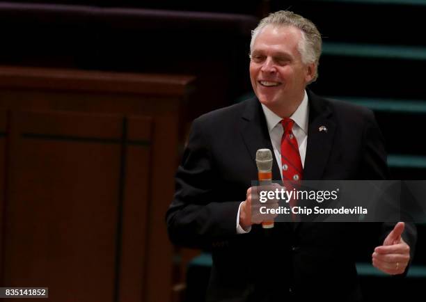 Virginia Governor Terry McAuliffe delivers remarks during the funeral for Trooper-Pilot Berke M.M. Bates at Saint Paul's Baptist Church August 18,...