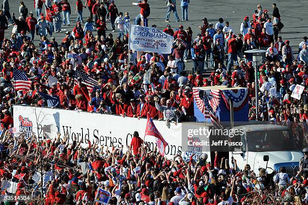 The Philadelphia Phillies arrive at a victory rally at Citizens Bank Park October 31, 2008 in Philadelphia, Pennsylvania. The Phillies defeated the...