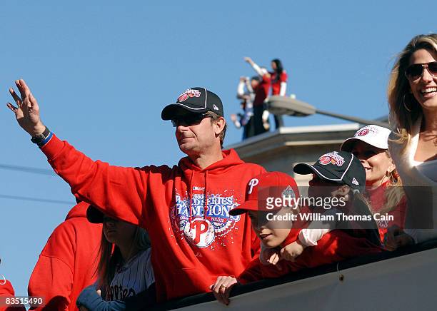 Jamie Moyer of the Philadelphia Phillies waves to the crowd during the World Championship Parade October 31, 2008 in Philadelphia, Pennsylvania. The...