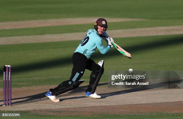 Jason Roy of Surrey hits out during the NatWest T20 Blast South Group match between Kent Spitfires and Surrey at The Spitfire Ground on August 18,...