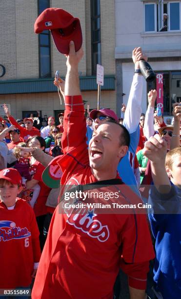 Fans of the Philadelphia Phillies celebrate during the World Championship Parade October 31, 2008 in Philadelphia, Pennsylvania. The Phillies...