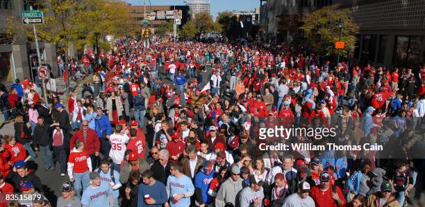 Fans of the Philadelphia Phillies celebrate during the World Championship Parade October 31, 2008 in Philadelphia, Pennsylvania. The Phillies...