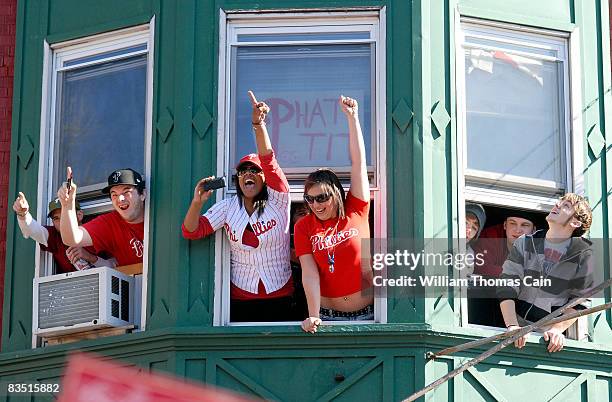 Fans of the Philadelphia Phillies celebrate during the World Championship Parade October 31, 2008 in Philadelphia, Pennsylvania. The Phillies...