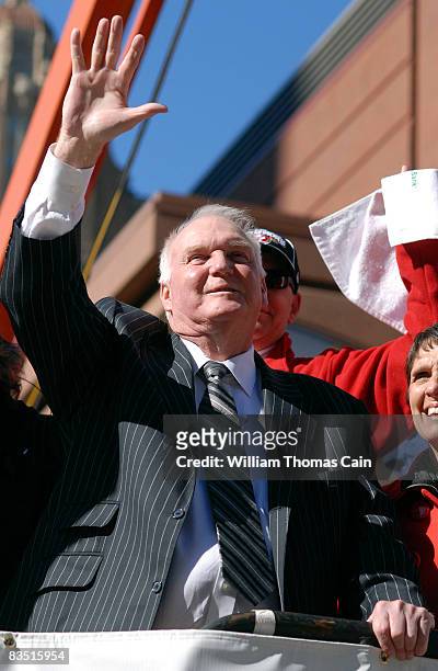 Manager Charlie Manuel of the Philadelphia Phillies waves to the crowd during the World Championship Parade October 31, 2008 in Philadelphia,...