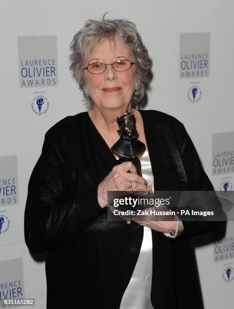 Margaret Tyzack wins the Best Actress Award for the Chalk Garden at the Donmar during the Laurence Olivier Awards at the Grosvenor Hotel in central...