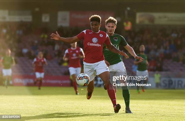 Cork , Ireland - 18 August 2017; Tobi Adebayo-Rowling of Sligo Rovers in action against Kieran Sadlier of Cork City during the SSE Airtricity League...