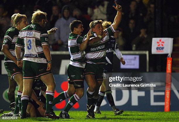 Tom Youngs of Leicester Tigers celebrates a second half try with brother Ben Youngs during the EDF Energy Cup match between Leicester Tigers and Sale...