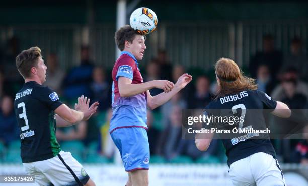 Bray , Ireland - 18 August 2017; Jake Hyland of Drogheda United in action against John Sullivan, left, and John Sullivan of Bray Wanderers during the...