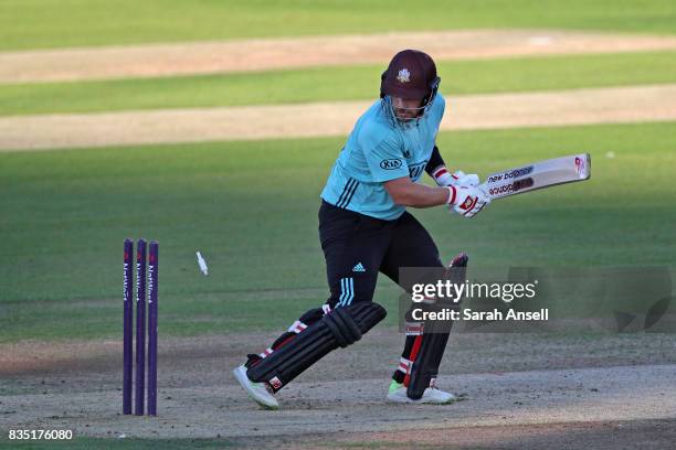 Aaron Finch of Surrey is bowled during the NatWest T20 Blast South Group match between Kent Spitfires and Surrey at The Spitfire Ground on August 18,...