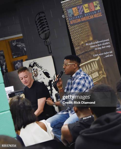 Christopher "KID" Reid and Christopher "PLAY" Martin attend NMAAM Music Legends and Heroes Hip Hop Duo Kid 'N Play Visit Pearl Cohn High School on...