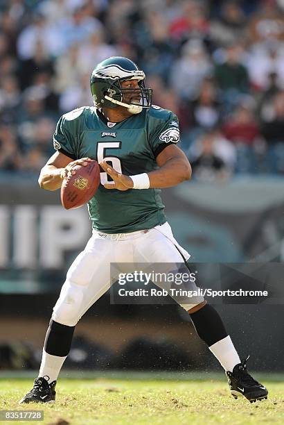 Donovan McNabb of the Philadelphia Eagles drops back to pass against the Atlanta Falcons on October 26, 2008 at Lincoln Financial Field in...