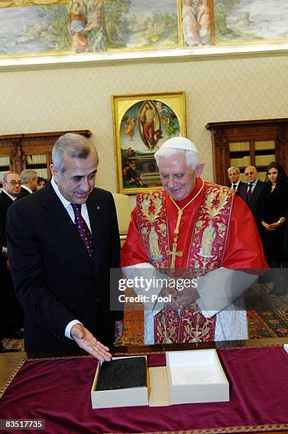 Pope Benedict XVI meets the Lebanese president, Michel Sliman at his private library on October 31, 2008 in Vatican City.