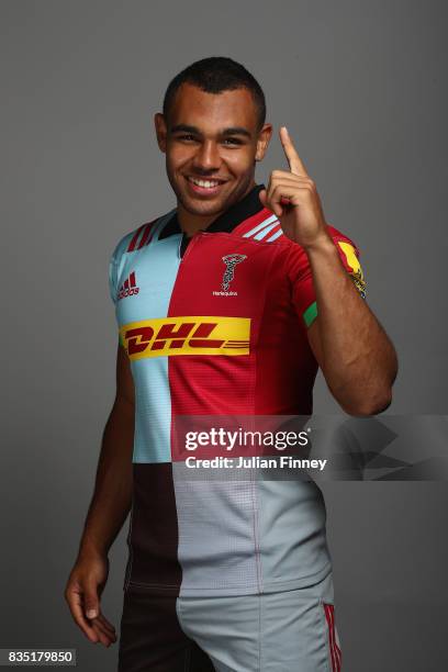 Joe Marchant of Quins poses for a portrait during the Harlequins photocall for the 2017-2018 Aviva Premiership Rugby season at The Stoop on August...