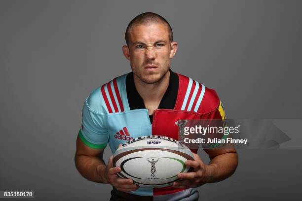 Mike Brown of Quins poses for a portrait during the Harlequins photocall for the 2017-2018 Aviva Premiership Rugby season at The Stoop on August 18,...
