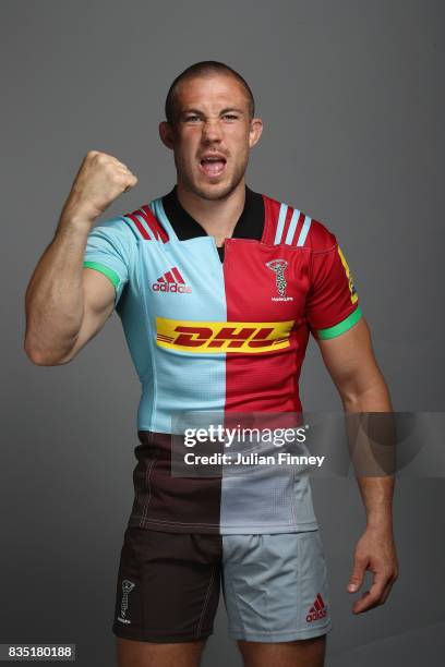 Mike Brown of Quins poses for a portrait during the Harlequins photocall for the 2017-2018 Aviva Premiership Rugby season at The Stoop on August 18,...