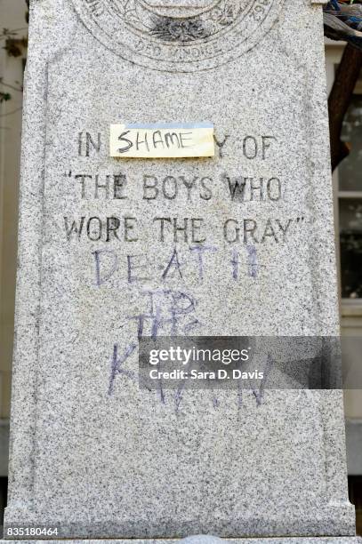 The pedestal of where a Confederate soldier statue once stood before demonstrators tore it down on August 18, 2017 in Durham, North Carolina. The...