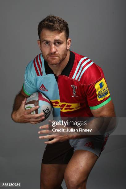 James Horwill of Quins poses for a portrait during the Harlequins photocall for the 2017-2018 Aviva Premiership Rugby season at The Stoop on August...