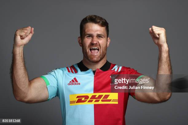 James Horwill of Quins poses for a portrait during the Harlequins photocall for the 2017-2018 Aviva Premiership Rugby season at The Stoop on August...