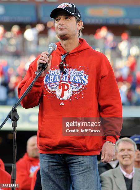 Philadelphia Phillies Jamie Moyer speaks at a victory rally at Citizens Bank Park October 31, 2008 in Philadelphia, Pennsylvania. The Phillies...