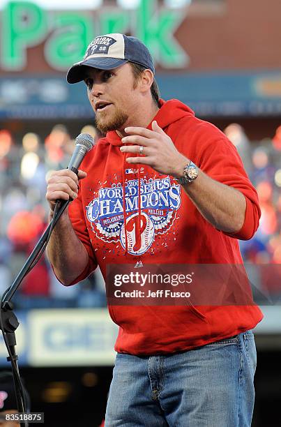 Philadelphia Phillies Brad Lidge speaks at a victory rally at Citizens Bank Park October 31, 2008 in Philadelphia, Pennsylvania. The Phillies...